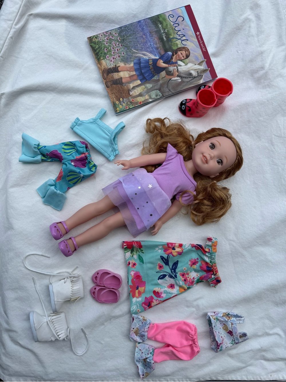 American Girl Doll with Purple Dress, Aqua Top & Floral Skirt